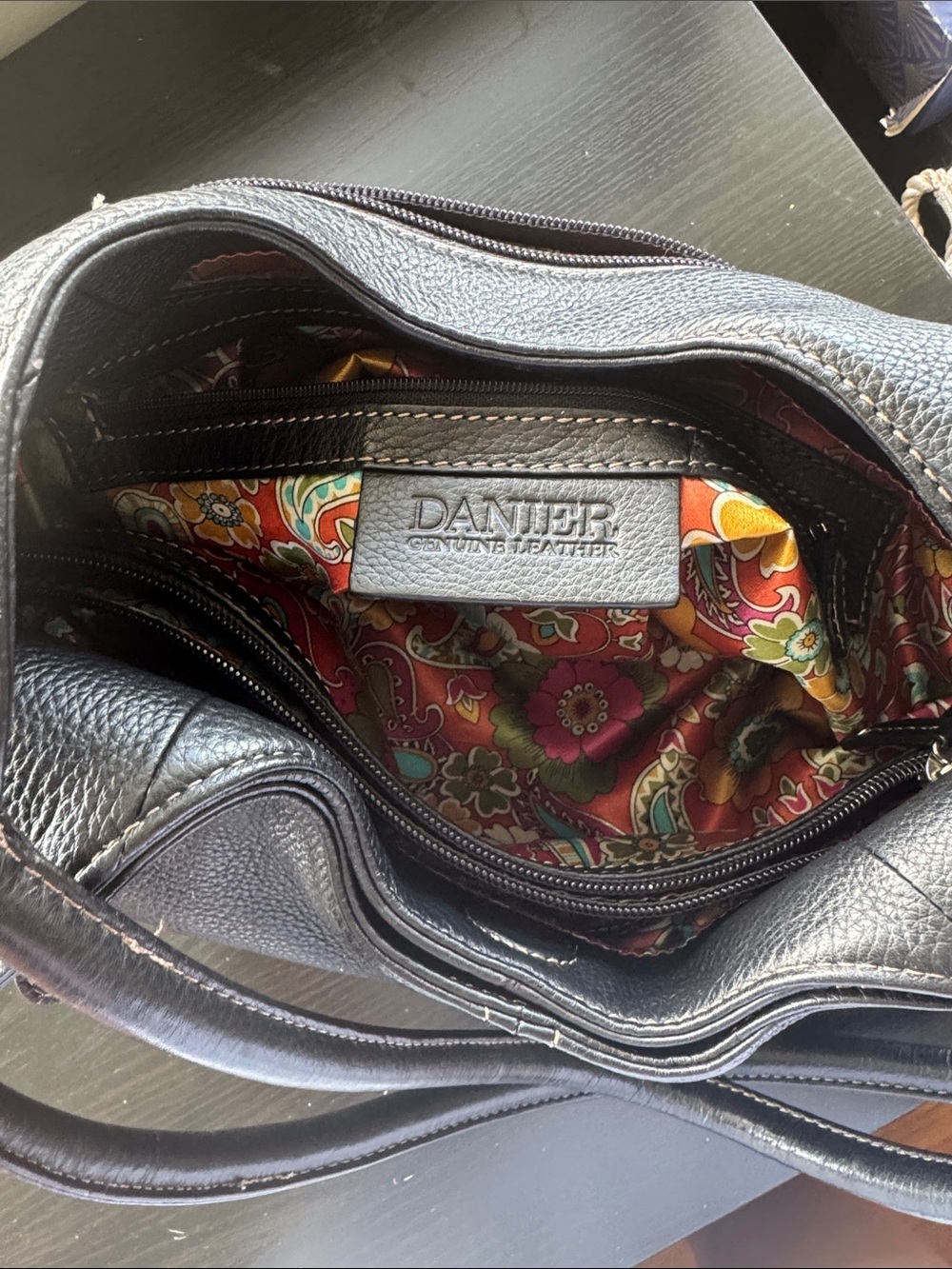 Danier Black Leather Messenger Bag with Floral Lining